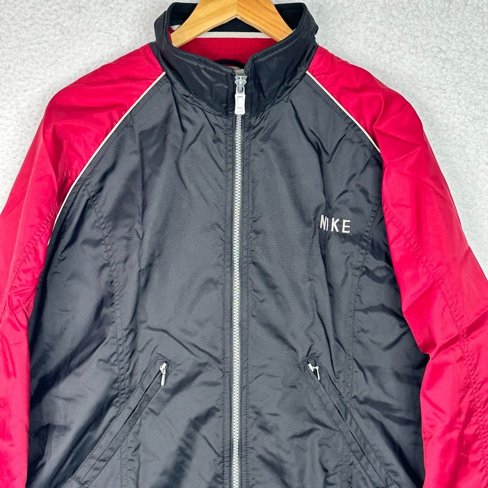 Nike Vintage Red Black Track Jacket Women L Full‎ Zip Swoosh Windbreaker Y2K 90s